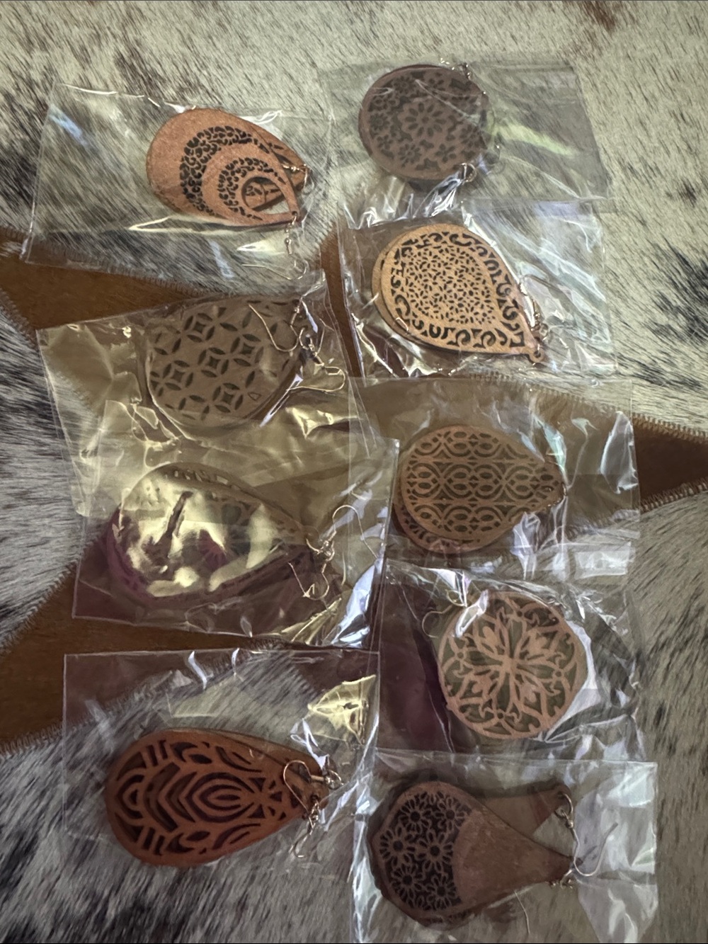 Handcrafted Brown wood Teardrop Earrings - Pack of Decorative Designs Lot of 9